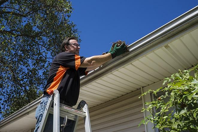 a repair technician inspecting a damaged gutter for necessary repairs in Allen Park